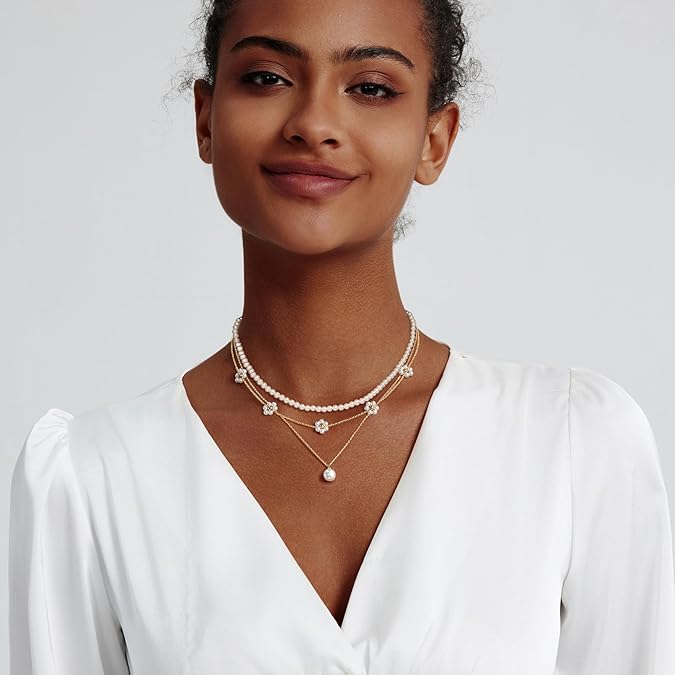 Pearl Necklaces for Women 14K Gold Plated Dainty Layered Single