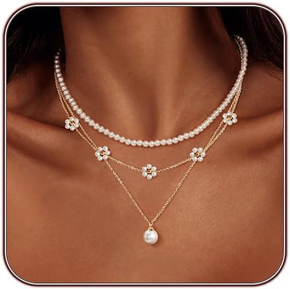 Pearl Necklaces for Women 14K Gold Plated Dainty Layered Single