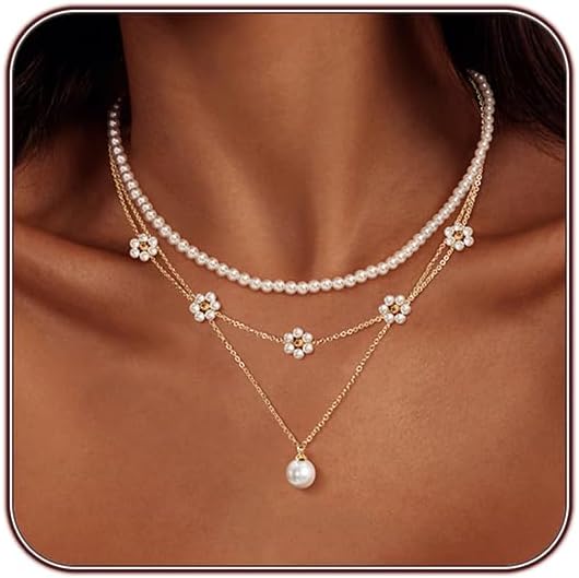 Pearl Necklaces for Women 14K Gold Plated Dainty Layered Single